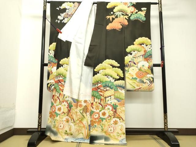 平和屋着物●アンティーク　大正ロマン　振袖　駒刺繍　立波御所車草花松文　黒地　金彩　正絹　逸品　DAAT1413tw 平和屋着物○アンティーク 大正ロマン 振袖 駒刺繍 立波御所車草花松文