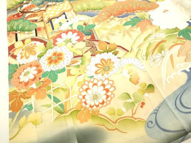 平和屋着物○アンティーク 大正ロマン 振袖 駒刺繍 立波御所車草花松文