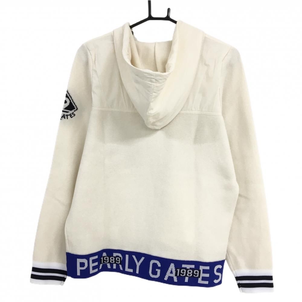 パーリーゲイツ ニットパーカー アイボリー ブルー 裾ロゴ ウール混 レディース 2 L ゴルフウェア PEARLY GATES