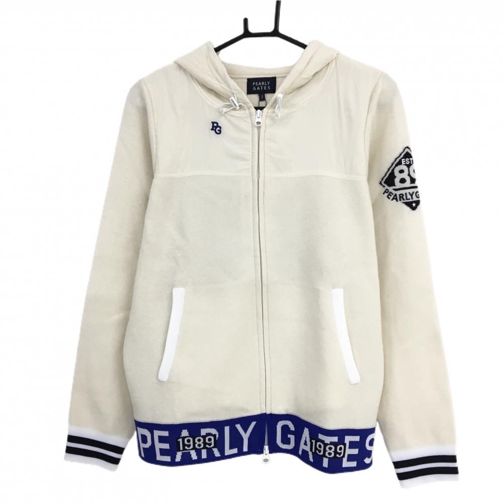 パーリーゲイツ ニットパーカー アイボリー×ブルー 裾ロゴ ウール混 レディース 2 L ゴルフウェア PEARLY GATES