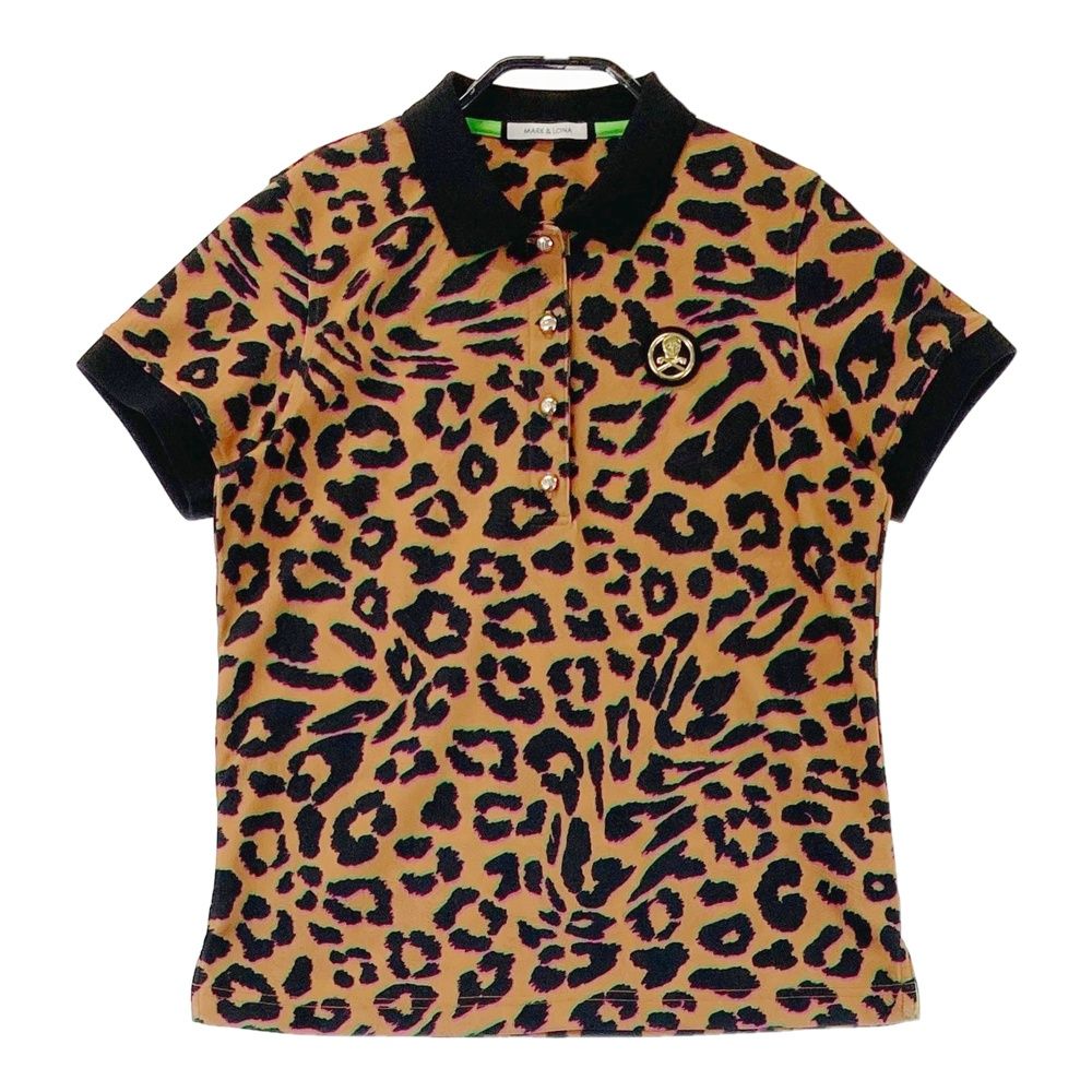 サイズ 36 MARK-LONA マークアンドロナ 半袖ポロシャツ スカル ワッペン レオパード柄 ブラウン系 ゴルフウェア レディース ストスト