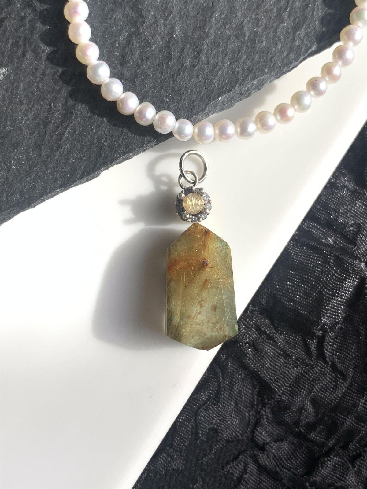 ターコイズ×ルチルクォーツ ダブレット ストーン ペンダント ネックレス チャーム SV925シルバー 1点もの 223-1