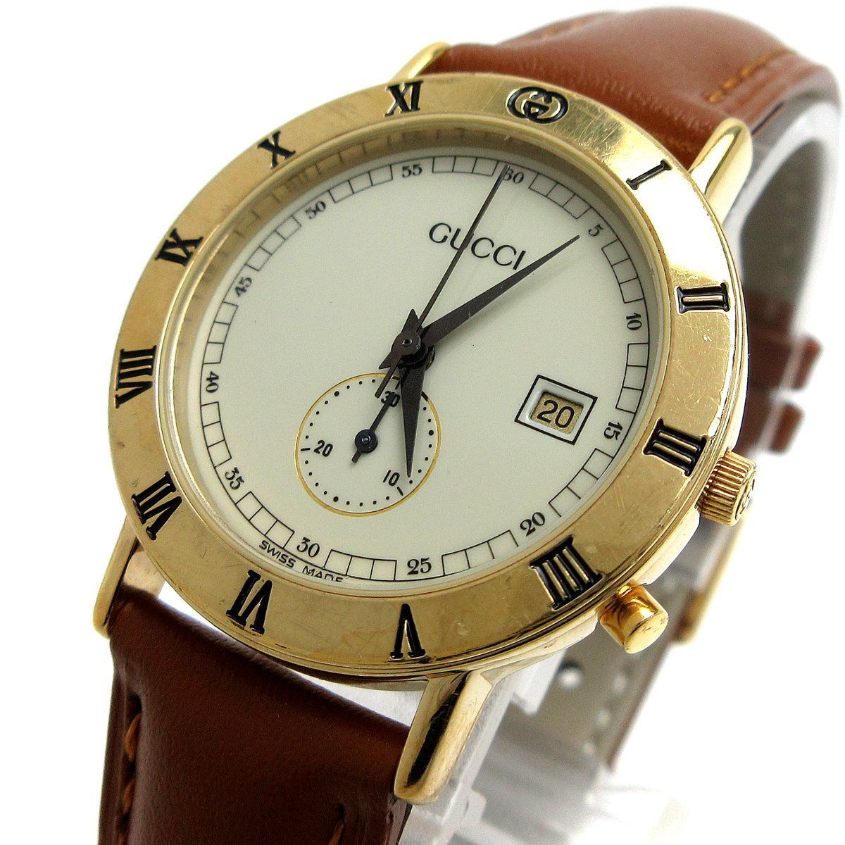 グッチ クロノグラフ レディース ゴールド アイボリー デイト 3800Jr 時計 GUCCI 婦人 クォーツ 箱 稼動品 希少