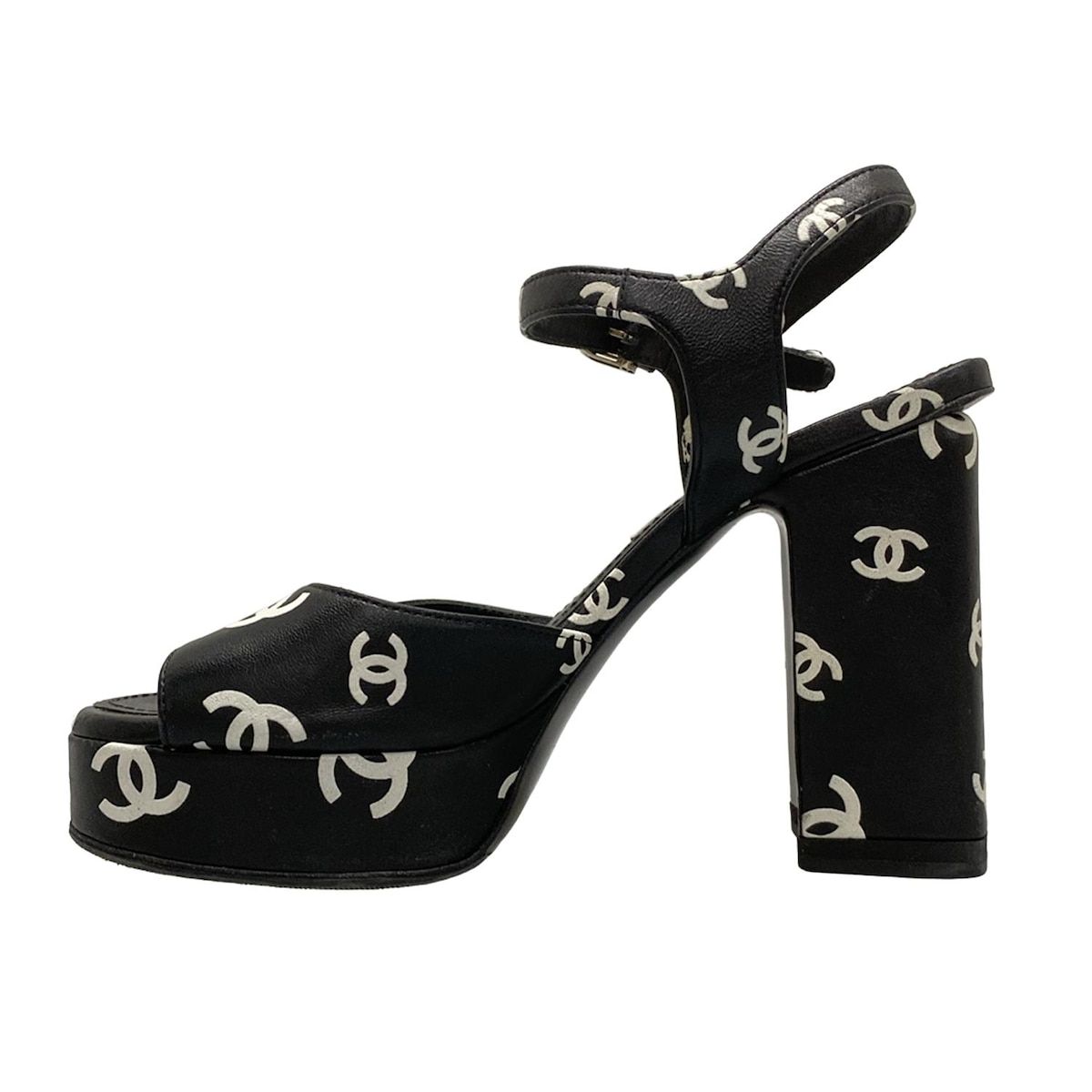 CHANEL(シャネル) サンダル 34 1/2 C - G38958 黒×白 ココマーク