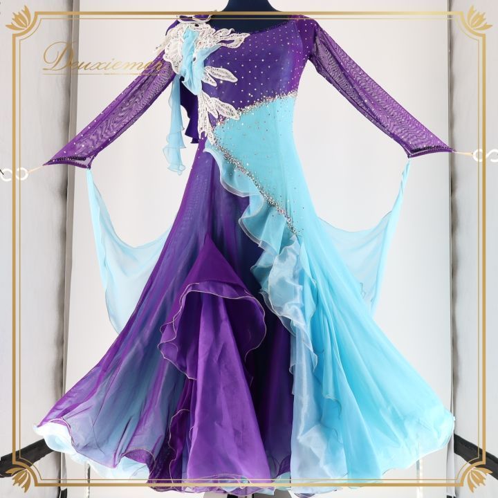 社交ダンス 衣装 スタンダードドレス スタンダード ドレス ワンピース SEKINE セキネ フロート レース 紫 水色 レース デモ 競技 ダンス パーティ パープル系 ブルー系 日本製 フラワーレース 上品 おしゃれ スカート レディース パフォーマンス