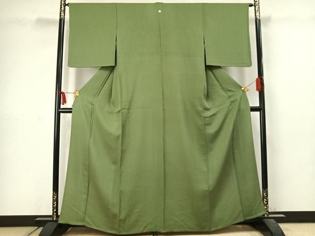 平和屋着物▽上質な色無地 単衣 草色 正絹 AABC3888fy