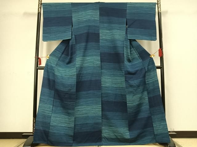 平和屋着物▽上質な小紋 単衣 横段文 正絹 AABC3963fy