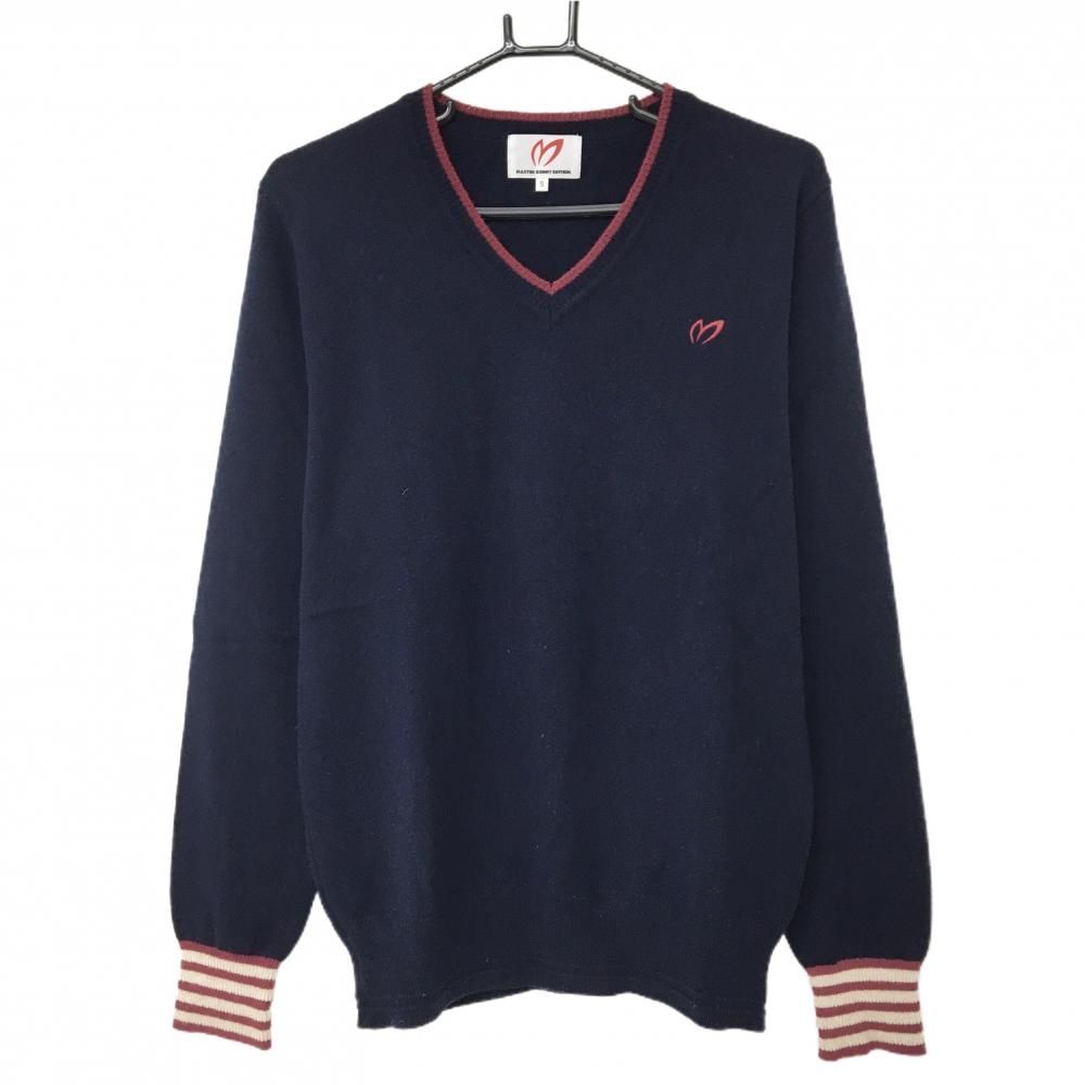 マスターバニー セーター ネイビー×ボルドー ニット カシミヤ 羊毛混 Vネック メンズ 5 L ゴルフウェア MASTER BUNNY EDITION