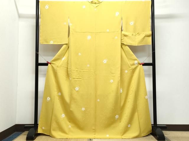 平和屋着物●上質な小紋 寿光織 梅桜散し 金糸 ロング丈 反端付き 正絹 CAAZ8075vf