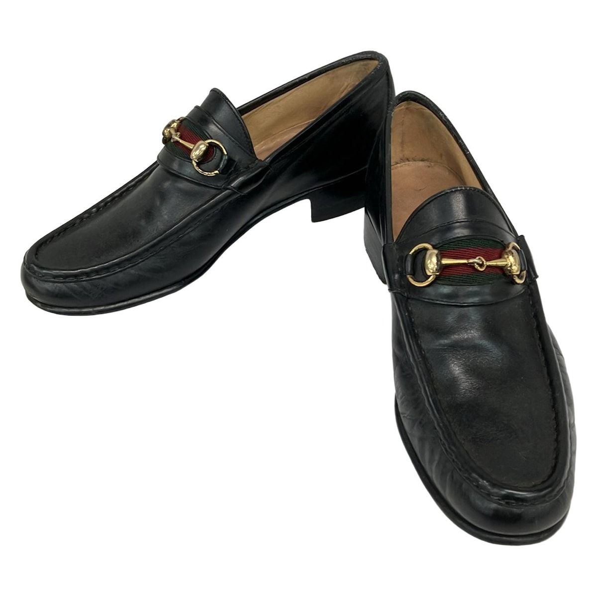 GUCCI グッチ ローファー 411 2M メンズ - 黒×レッド×マルチ ホースビット シェリー ウェブ イニシャル刻印 レザー