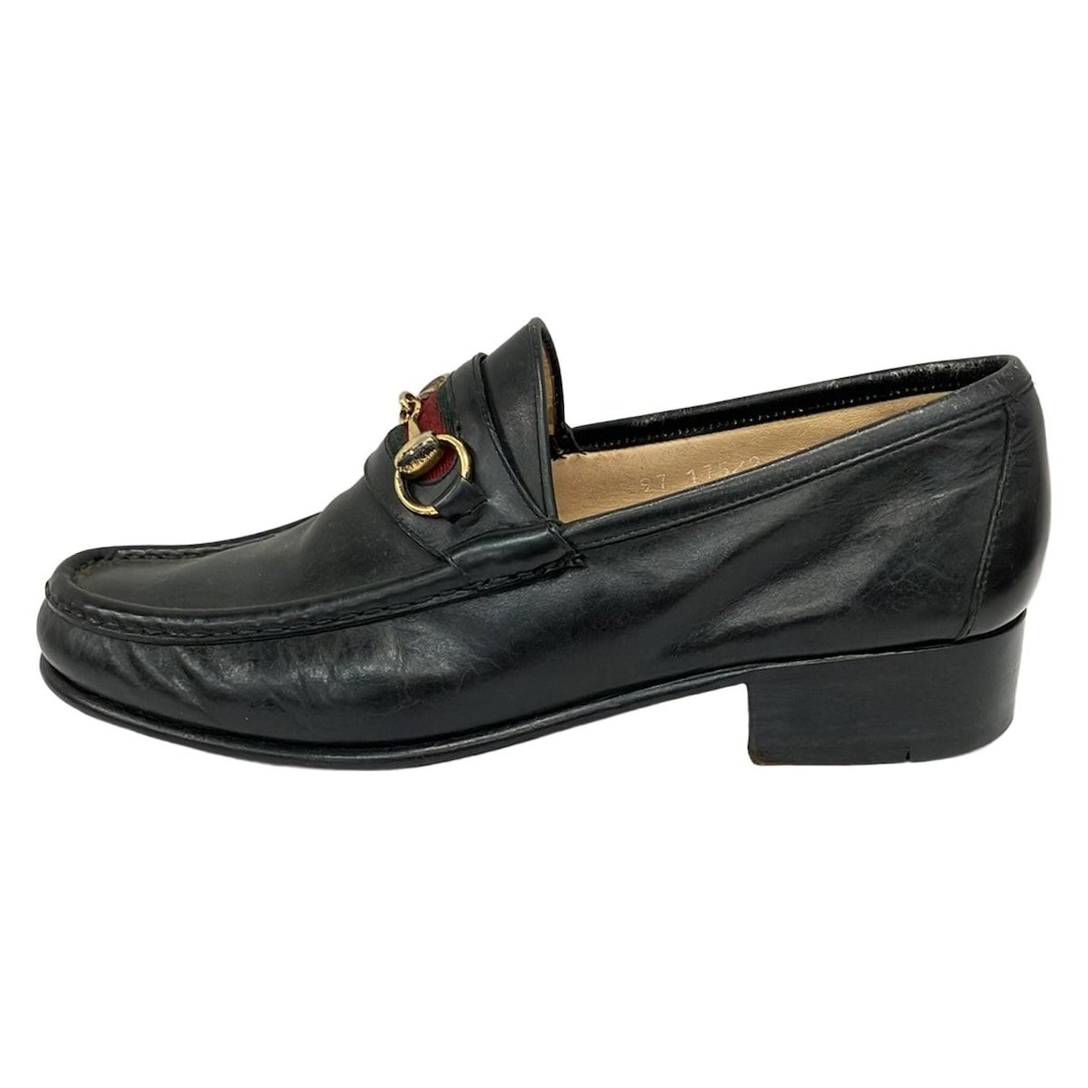 GUCCI グッチ ローファー 411|2M メンズ - 黒×レッド×マルチ ホースビット|シェリー ウェブ |イニシャル刻印 レザー