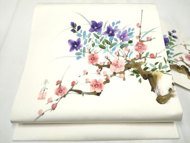 平和屋着物○塩瀬 九寸名古屋帯 作家物 手描き 枝花文 金彩 たとう紙