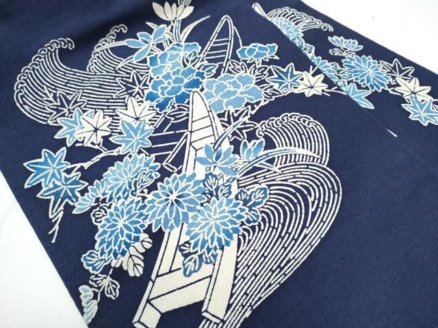 平和屋着物●九寸名古屋帯　本藍　型染め　船　流水花文　鬼しぼ縮緬　正絹　逸品　CAAZ4365hy 平和屋着物○九寸名古屋帯 本藍 型染め 船 流水花文