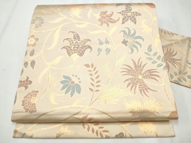 平和屋着物●全通柄　九寸名古屋帯　更紗花唐草文　金糸　正絹　逸品　CAAZ4378hy 平和屋着物○全通柄 九寸名古屋帯 更紗花唐草文 金糸