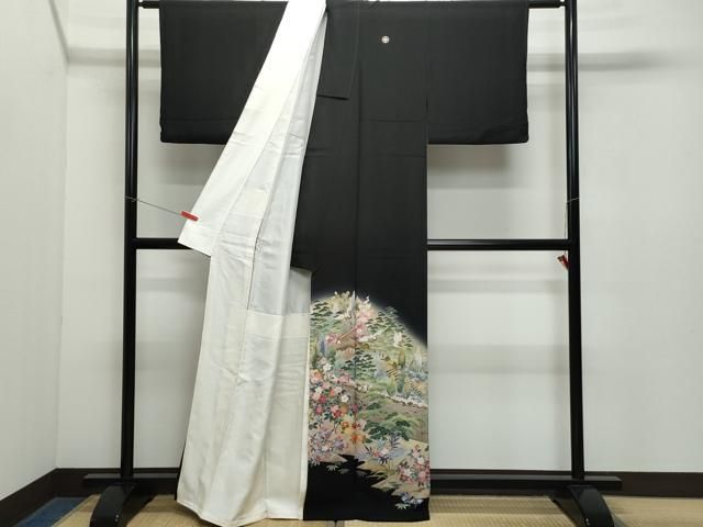 平和屋着物●豪華黒留袖 友禅 作家物 飛鶴風景草花文 正絹 CAAZ8153vf