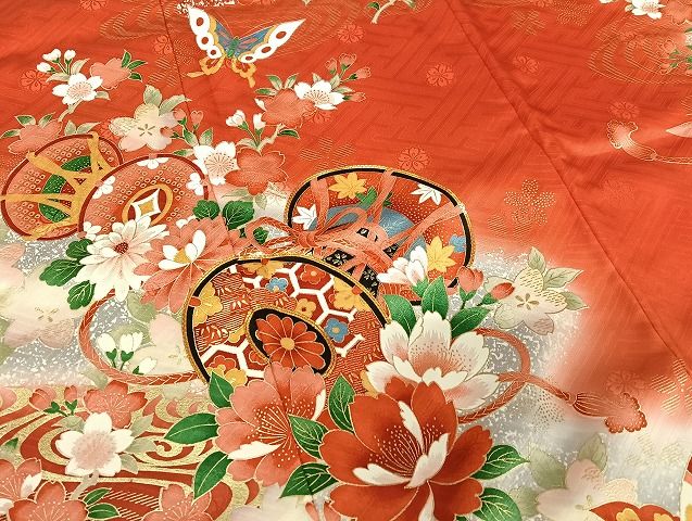  平和屋着物 七五三 女の子 ７歳 祝着 四つ身 駒刺繍 花蝶鼓文 暈し染め 金彩 正絹 ja 着物 着物ドレス 着物 浴衣 和小物