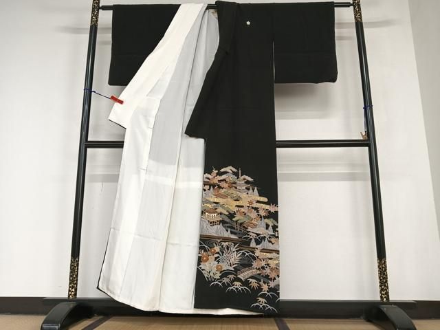 平和屋着物●創業460年 千總 黒留袖 駒刺繍 松竹梅風景文 金彩 正絹 AABC5063zg