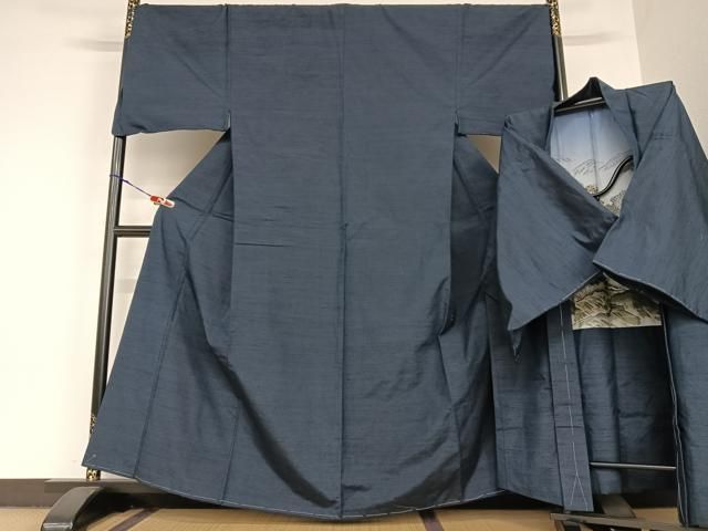 平和屋着物●男性 紬 アンサンブル 色無地 濃藍色 キングサイズ 正絹 AABC5074zg