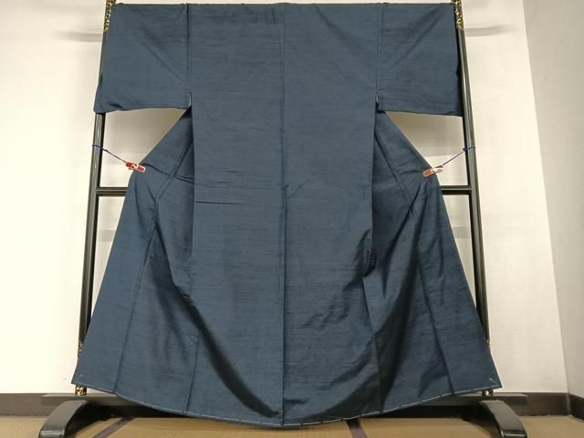 平和屋着物●男性 紬 アンサンブル 色無地 濃藍色 キングサイズ 正絹 zg