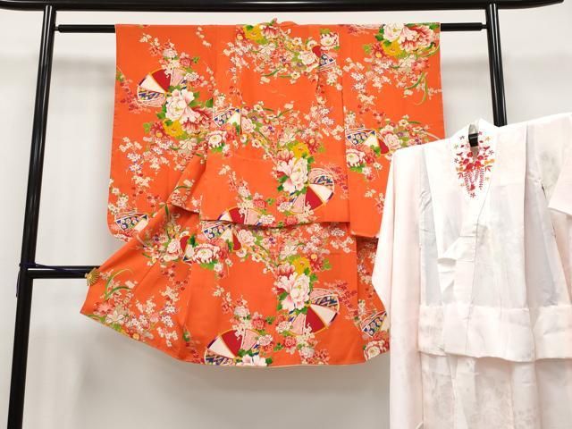 平和屋着物 上 アンティーク 大正ロマン 七五三 女の子 3歳 祝着 長襦袢セット 笠 枝花文 金彩 丹色地 CYAA3634s5