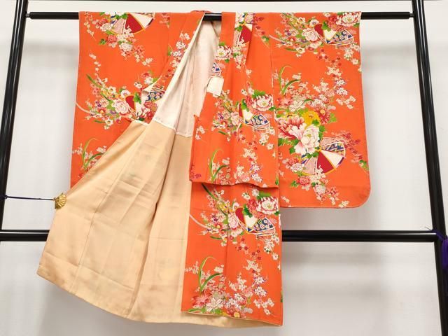 平和屋着物 上 アンティーク 大正ロマン 七五三 女の子 3歳 祝着 長襦袢セット 笠 枝花文 金彩 丹色地 s 5