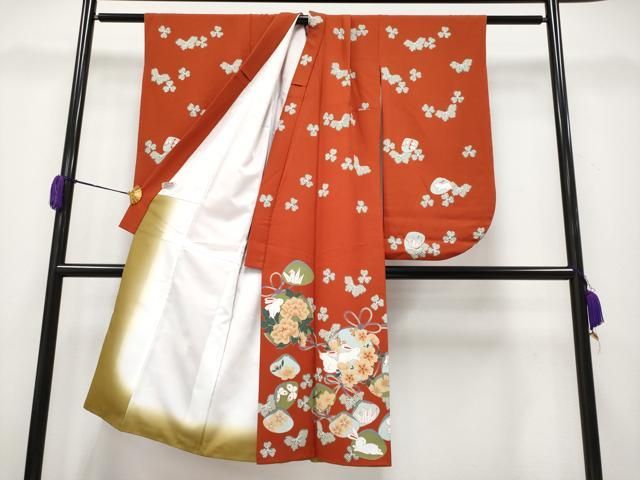 平和屋着物 上 青々庵 撫松庵 七五三 女の子 7歳 祝着 長襦袢セット 兎花蝶文 丹色 洗える着物 たとう紙付 s 5