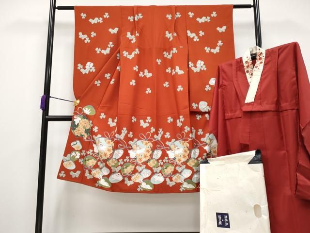 平和屋着物 上 青々庵 撫松庵 七五三 女の子 7歳 祝着 長襦袢セット 兎花蝶文 丹色 洗える着物 たとう紙付 CYAA3635s5