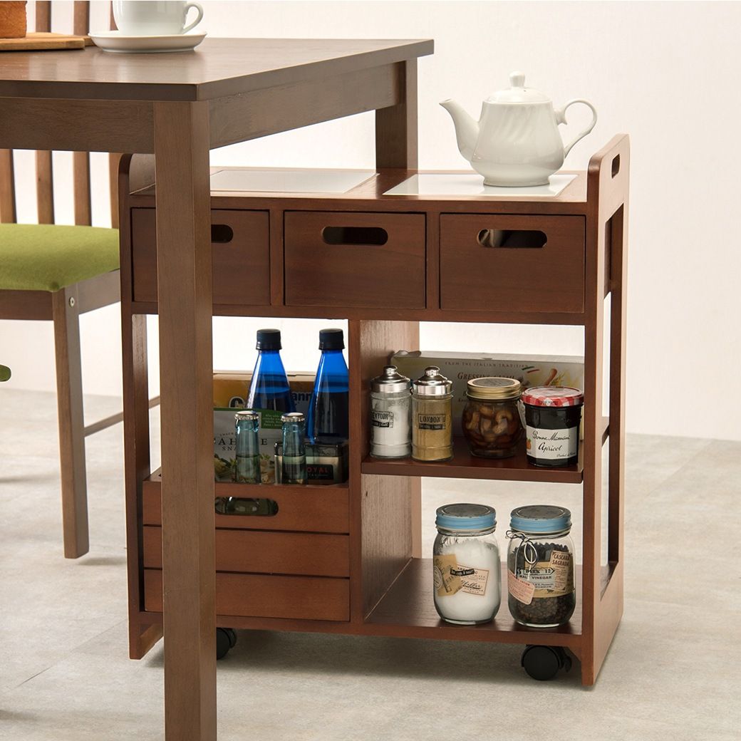 机下に収まる桐のキッチンワゴン