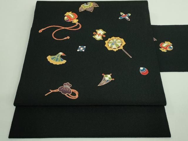平和屋着物 上 銀座越後屋 九寸名古屋帯 駒刺繍 宝尽くし 黒地 金糸 鬼しぼ縮緬 DZAB0746kh5