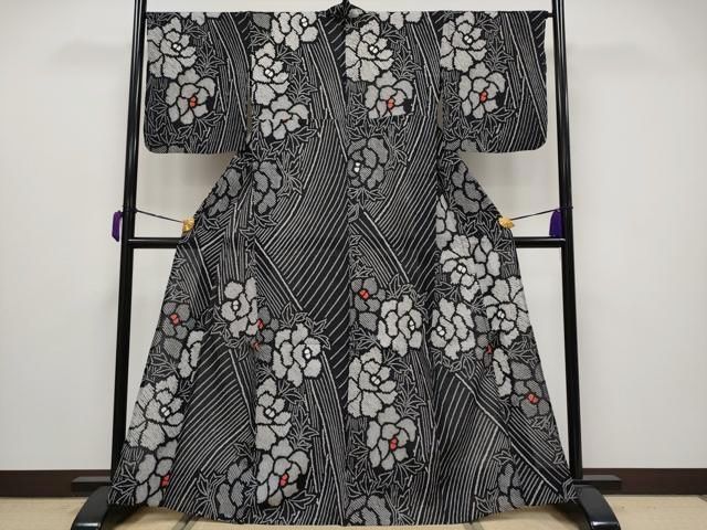 平和屋着物 上 夏物 浴衣 有松鳴海絞り 牡丹 黒地 綿 CYAA3683s5