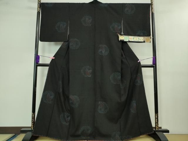 ■　地機　奥順　正絹　結城紬　幾何学模様　黒　亀甲　着物 平和屋着物□極上 本場結城紬 重要無形文化財 奥順謹製 80亀甲 飛び