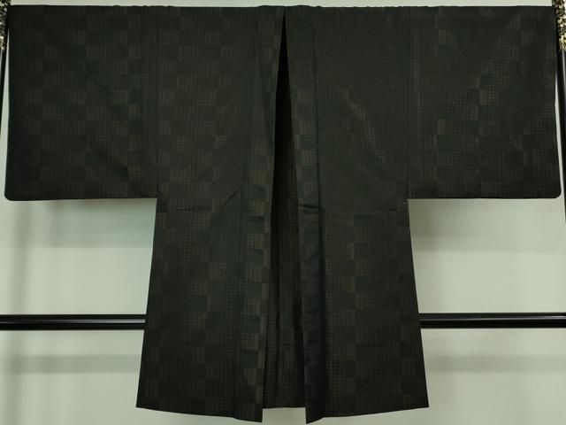 平和屋着物 上 男性 長羽織 キングサイズ 単衣 お召地 変わり市松 黒地 DZAB0834kh5