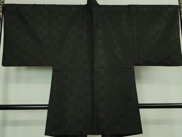 平和屋着物 上 男性 長羽織 キングサイズ 単衣 お召地 変わり市松 黒地 kh 5