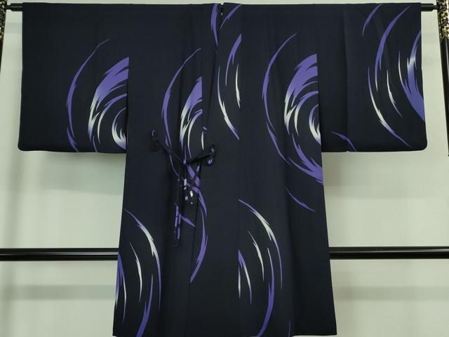 平和屋着物 上 道中着 ロング丈 霞文 紫黒色地 反端付き DZAB0838kh5