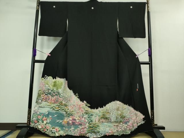 平和屋着物 上 本加賀友禅作家 土田外男 黒留袖 水辺風景飛鶴花文 暈し染め ♥ DZAB1178kh5