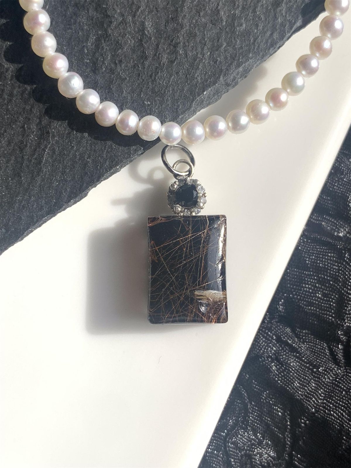 ブラックオニキス×ルチルクォーツ ダブレット ストーン ペンダント ネックレス チャーム SV925シルバー 1点もの 239-1