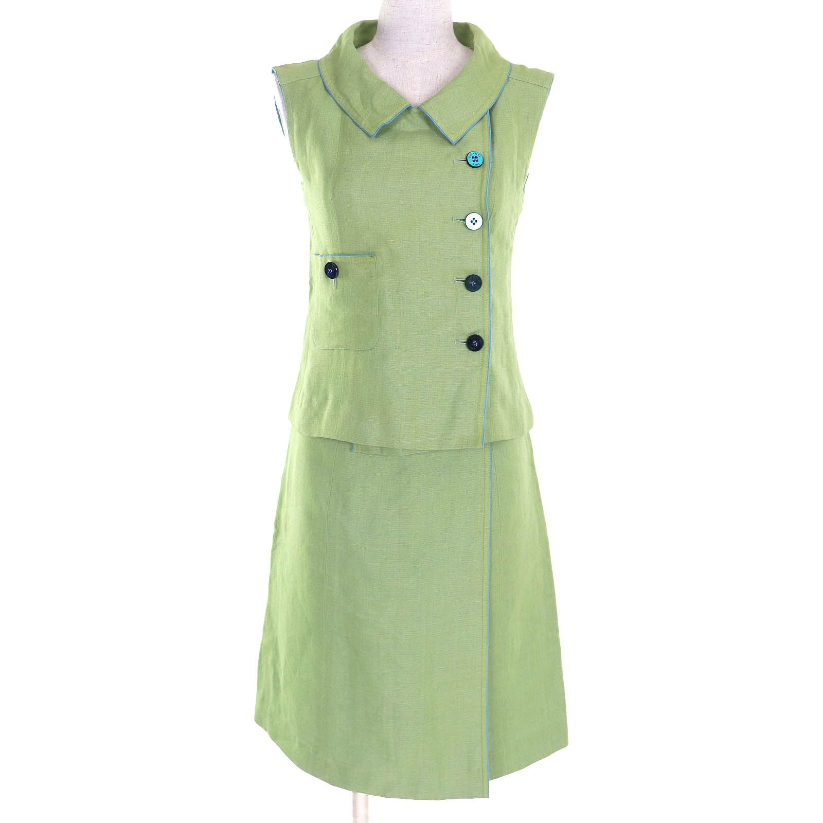△CHANEL シャネル ヴィンテージ 01S P17942 リネン コットン ロゴボタン ベスト タイトスカート セットアップ グリーン 36 フランス製 レディース