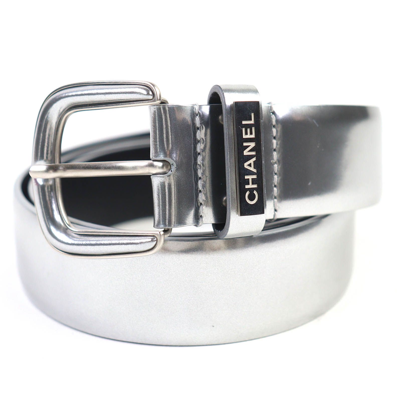 CHANEL シャネル B17C CUIR VERITABLE ロゴバックル レザー ベルト シルバー 85 34 イタリア製 レディース