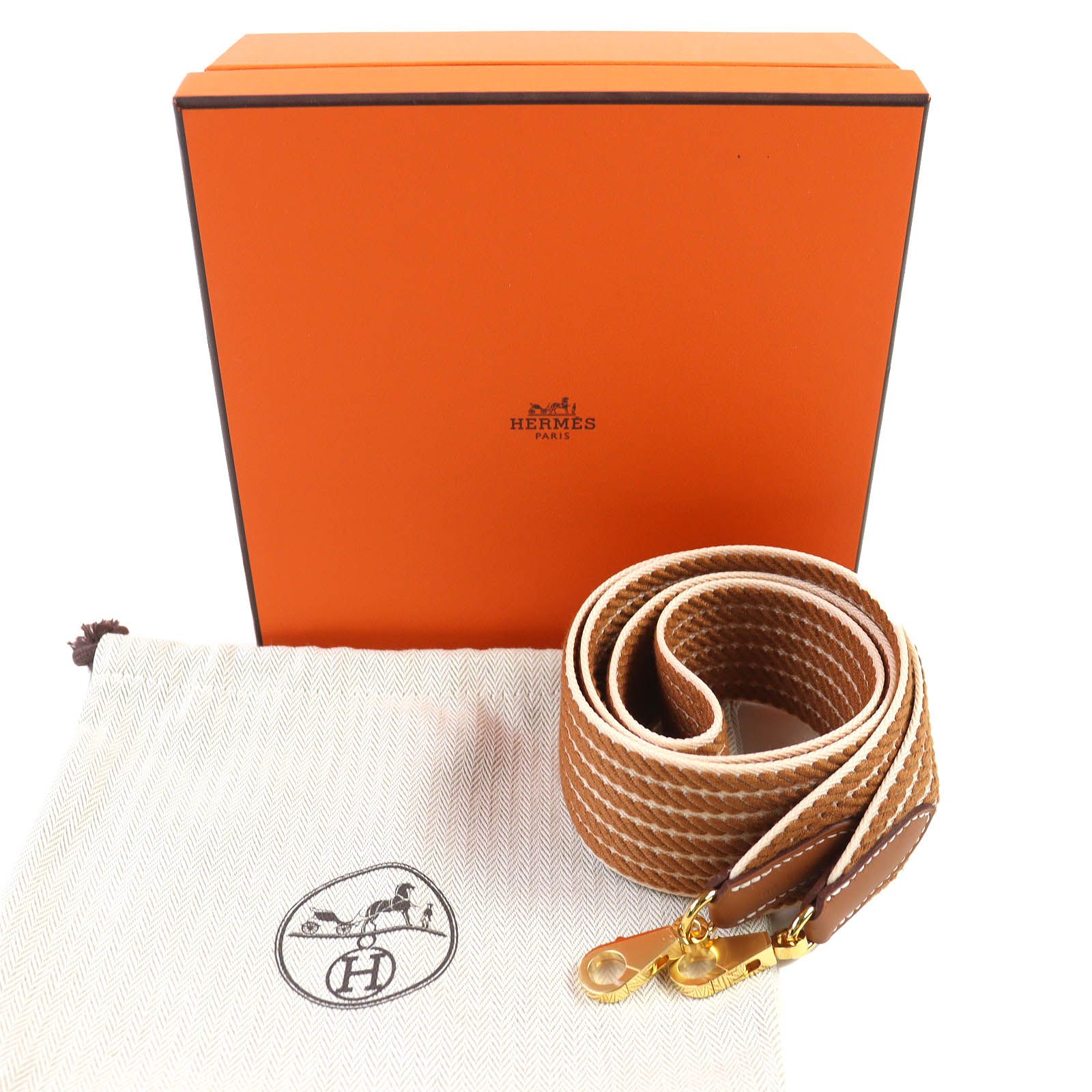 ♥品△HERMES エルメス バンドリエール コルダージュ キャンバス レザー ショルダーストラップ ブラウン ゴールド 金具 50mm K刻印 箱 保存袋付き フランス製 レディース