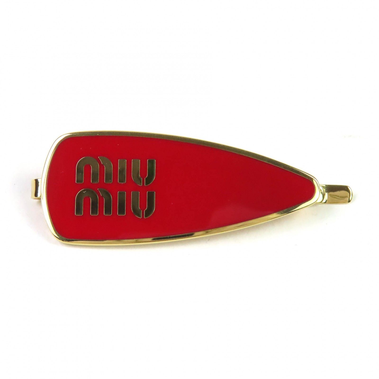 △MIUMIU ミュウミュウ 5IF147 エナメルメタル ヘアクリップ ロゴ ヘアピン ヘアアクセサリー 現行品 レッド ゴールド 箱 保存袋付き イタリア製 レディース