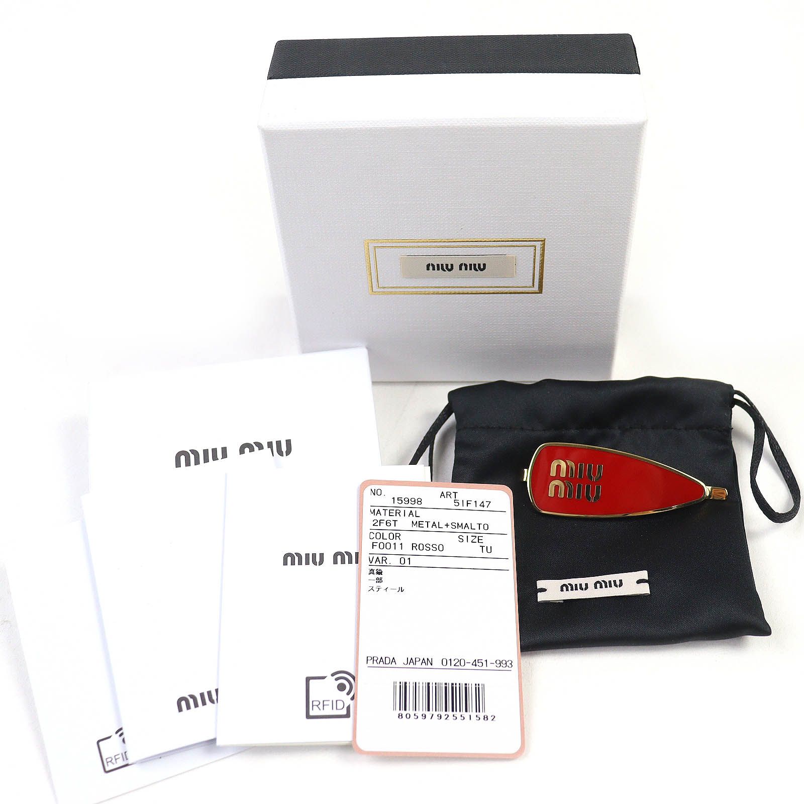 △MIUMIU ミュウミュウ 5IF147 エナメルメタル ヘアクリップ ロゴ ヘアピン ヘアアクセサリー 現行品 レッド ゴールド 箱 保存袋付き イタリア製 レディース