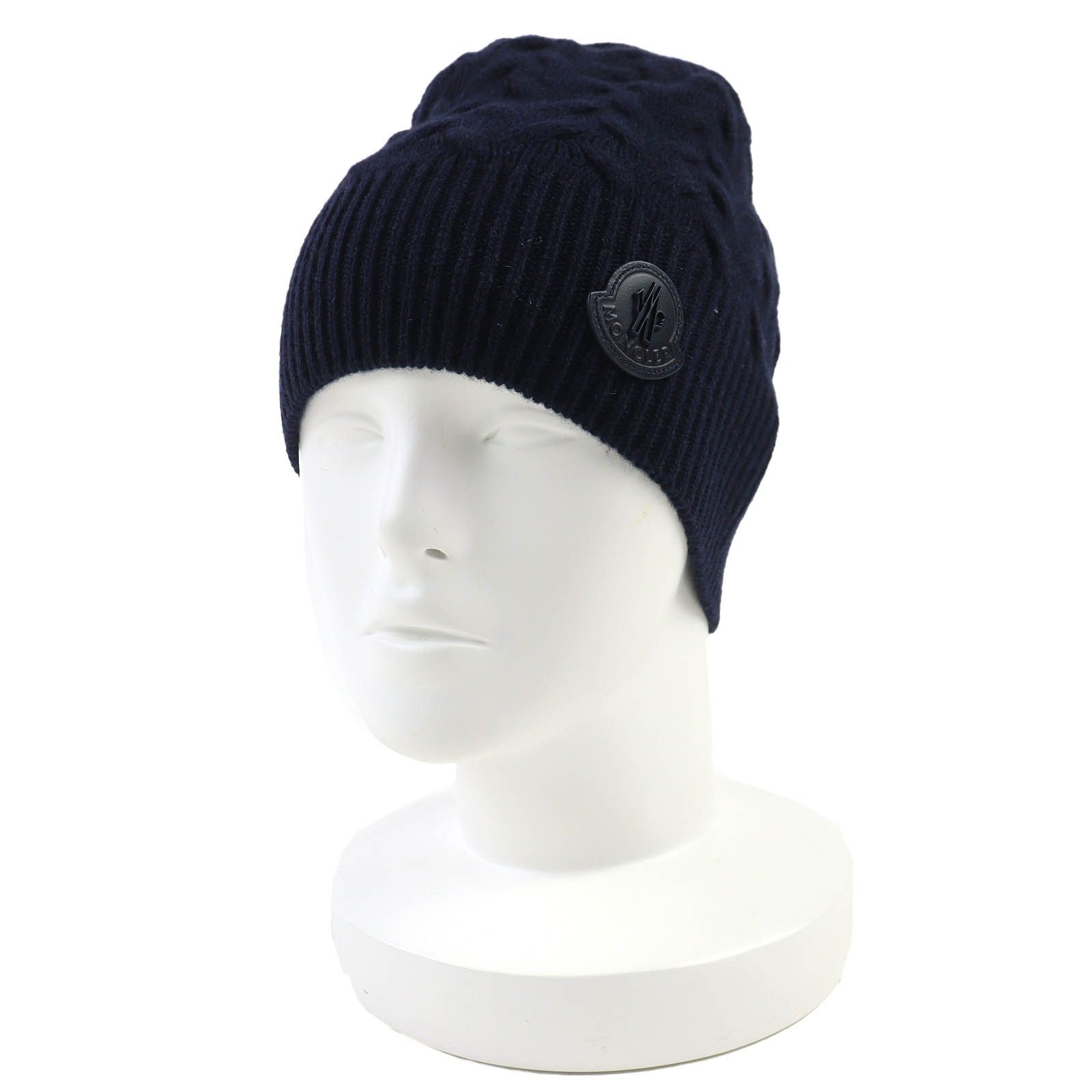 MONCLER モンクレール 製 BERRETTO ウール100% ロゴレザーワッペン ビーニー ニット帽 ニットキャップ ネイビー イタリア製 レディース