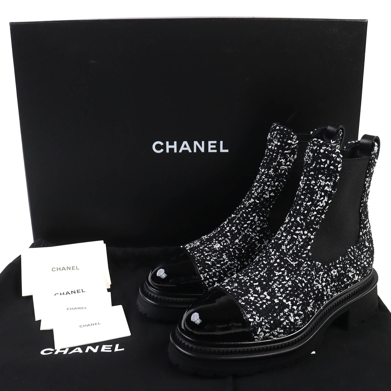 ♥品△CHANEL シャネル 23A G45087 ロゴ パテントレザー使い サイドゴア ツイード ショートブーツ ブラック ホワイト 36.5 保存袋付き イタリア製 レディース
