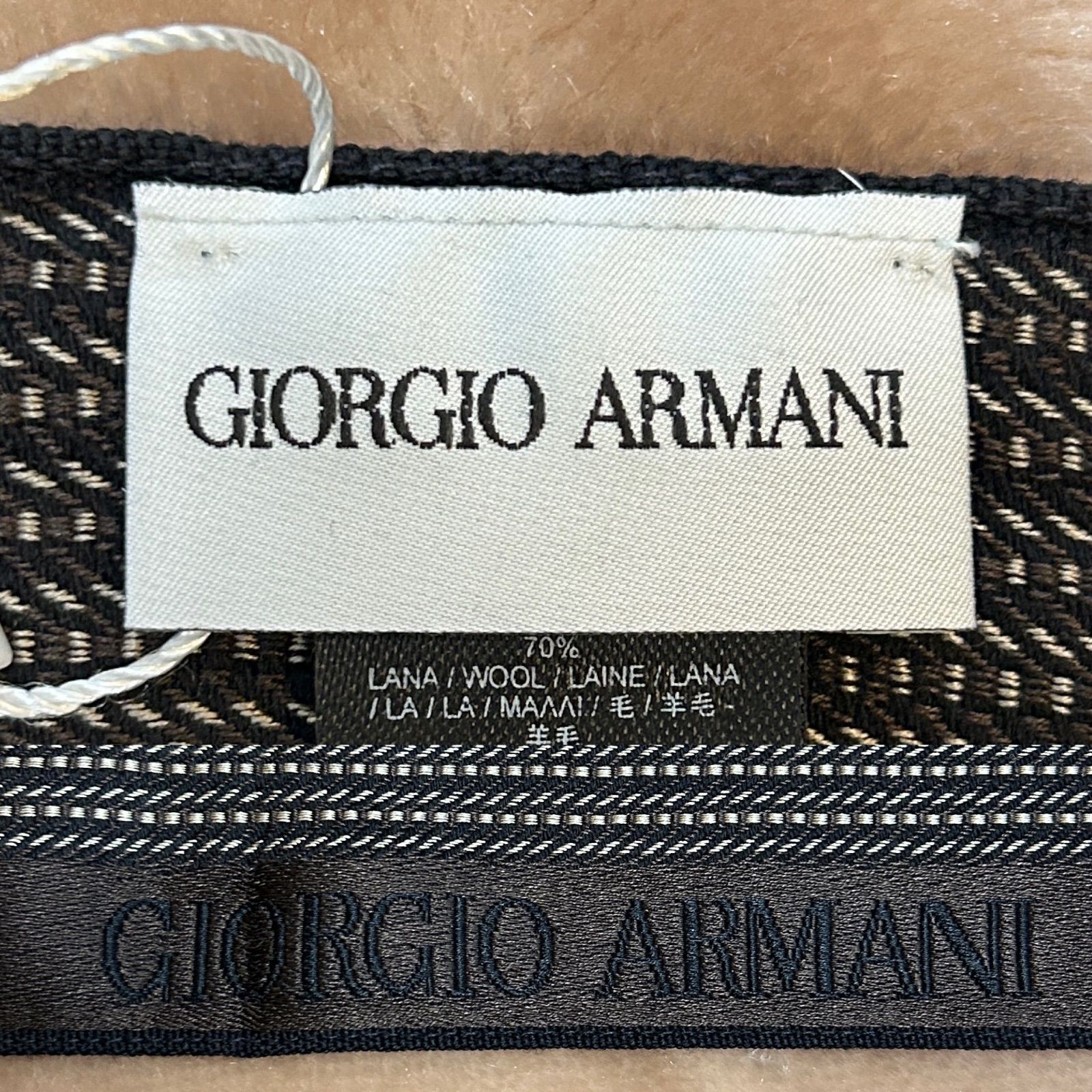 ♥タグ付きジョルジオアルマーニメンズマフラーストールショールスカーフ男性用紳士ウール毛シルク絹ブラウン茶色系黒色系ストライプ