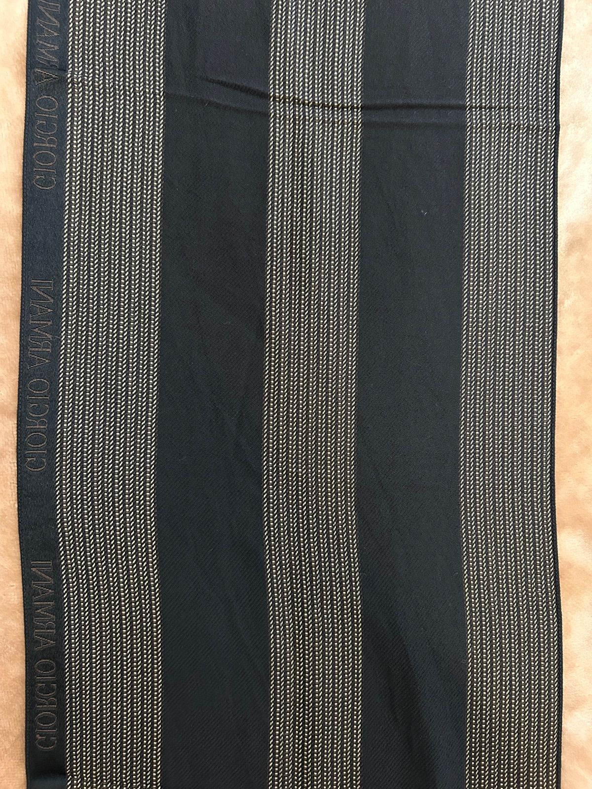 ♥タグ付きジョルジオアルマーニメンズマフラーストールショールスカーフ男性用紳士ウール毛シルク絹ブラウン茶色系黒色系ストライプ