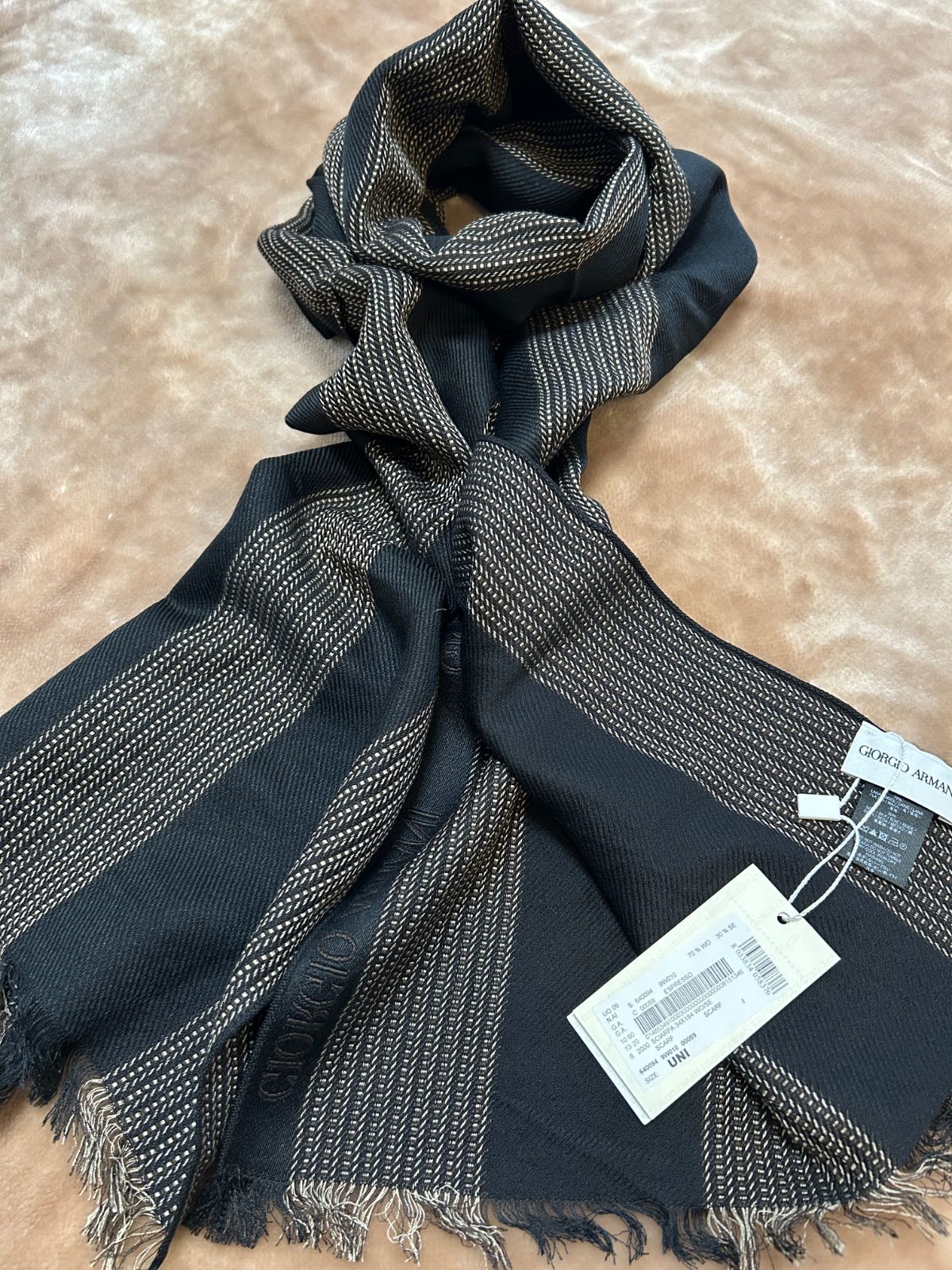 ジョルジオアルマーニメンズマフラーストールショールスカーフ男性用紳士ウール毛シルク絹ブラウン茶色系黒色系ストライプ