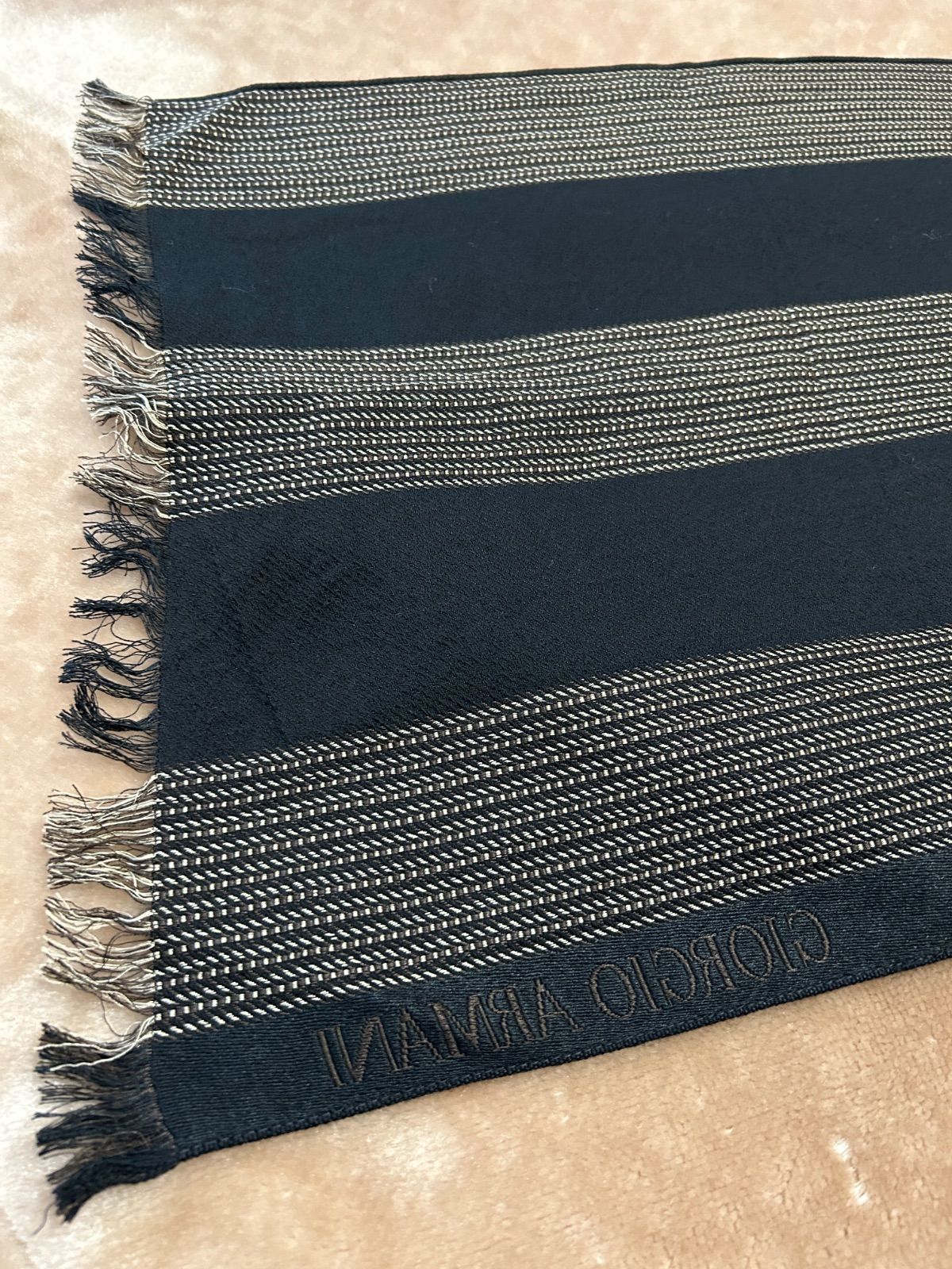 ♥タグ付きジョルジオアルマーニメンズマフラーストールショールスカーフ男性用紳士ウール毛シルク絹ブラウン茶色系黒色系ストライプ