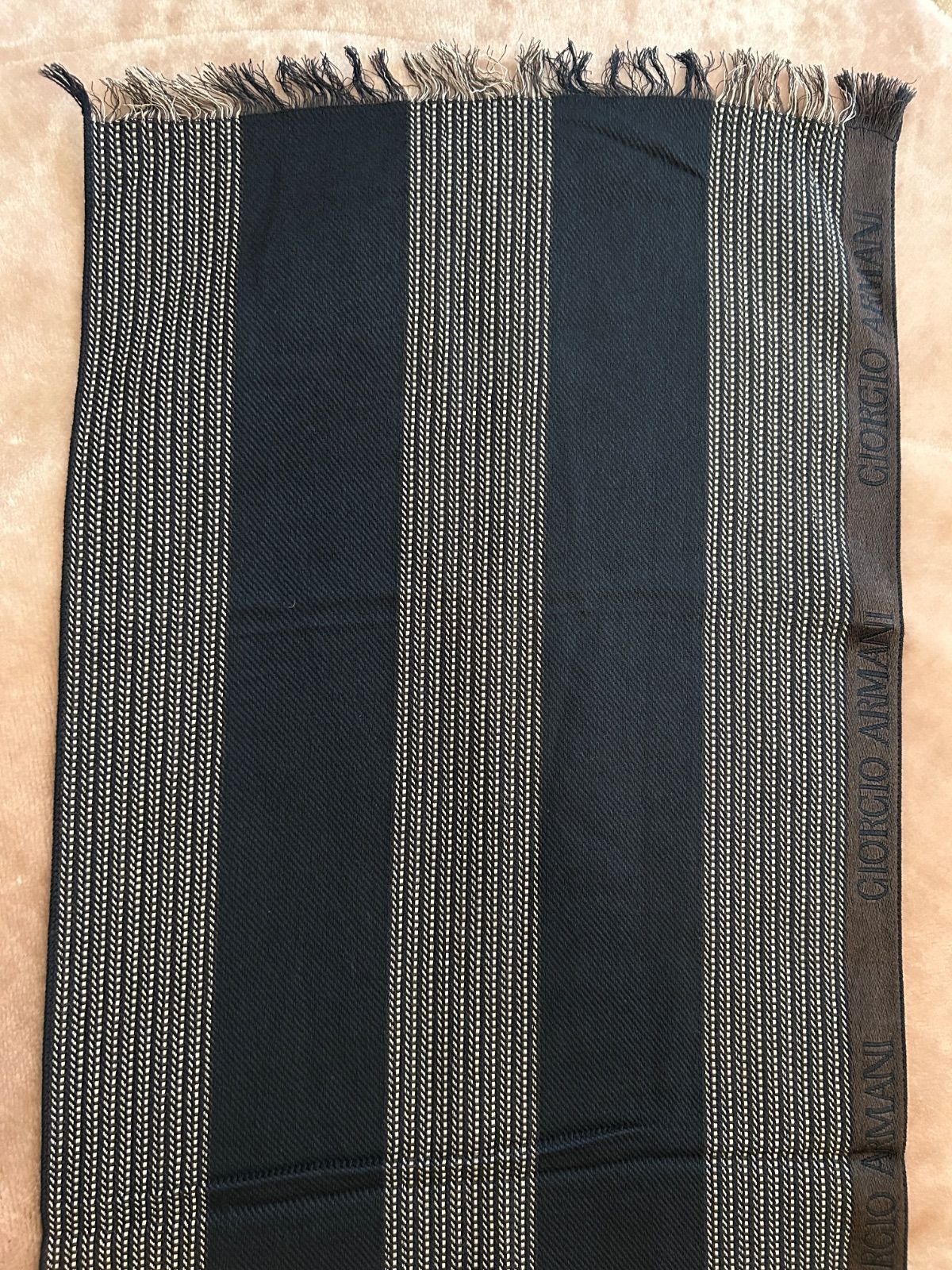  ♥タグ付きジョルジオアルマーニメンズマフラーストールショールスカーフ男性用紳士ウール毛シルク絹ブラウン茶色系黒色系ストライプ マフラー 小物