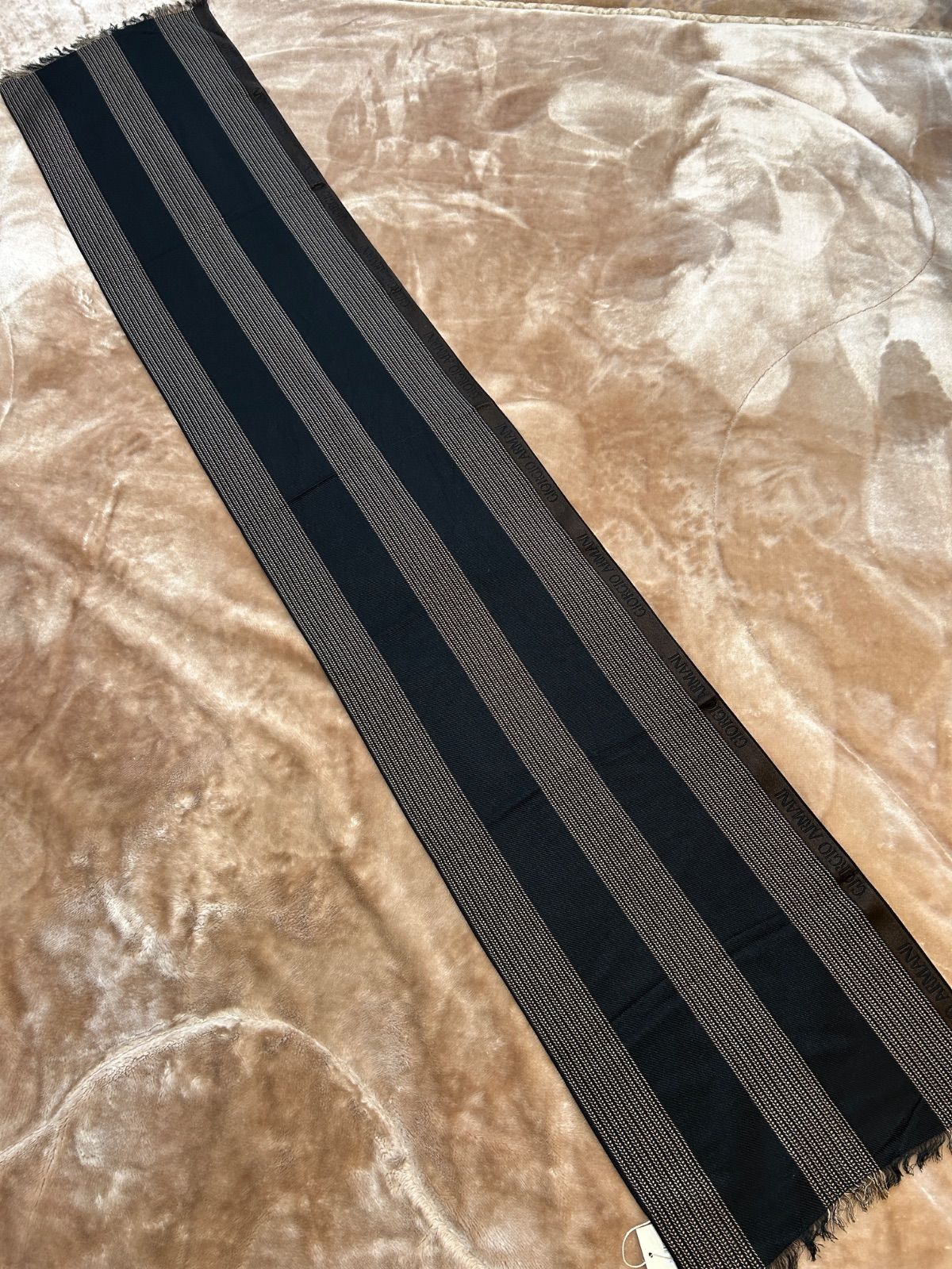 ♥タグ付きジョルジオアルマーニメンズマフラーストールショールスカーフ男性用紳士ウール毛シルク絹ブラウン茶色系黒色系ストライプ