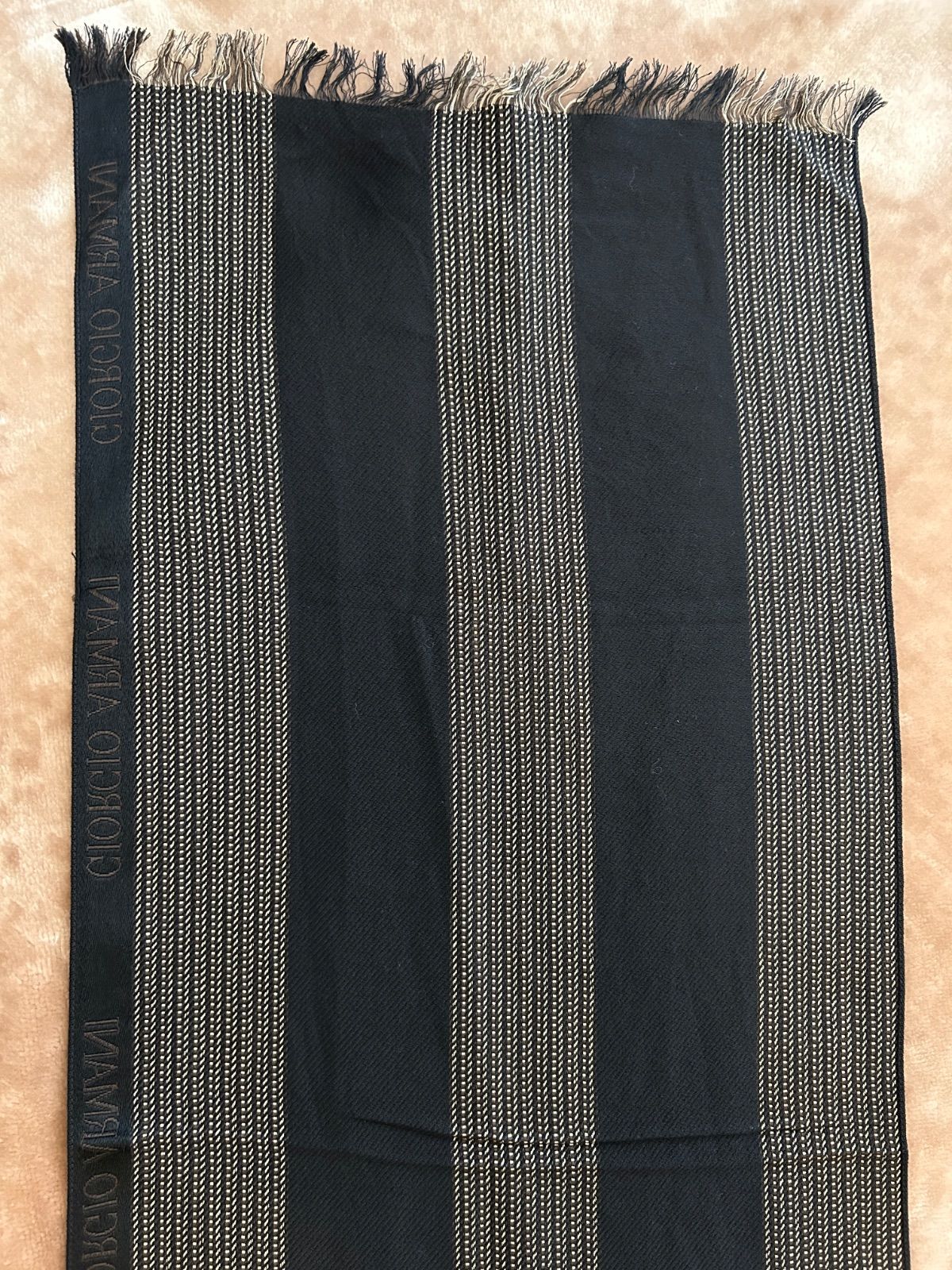 ♥タグ付きジョルジオアルマーニメンズマフラーストールショールスカーフ男性用紳士ウール毛シルク絹ブラウン茶色系黒色系ストライプ